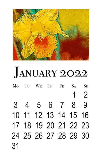 Κάρτα Ημερολογίου Ιανουαρίου 2022 Εκτυπώσιμη Κάθετη Ημερολόγιο Τοίχου Εβδομάδα Ξεκινά — Φωτογραφία Αρχείου