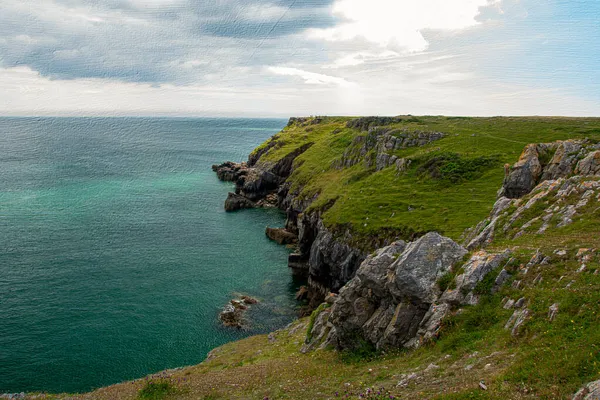 Tenby Wales Verenigd Koninkrijk Landschap Bij Oceaan Zicht Rotsen Horizontaal — Stockfoto