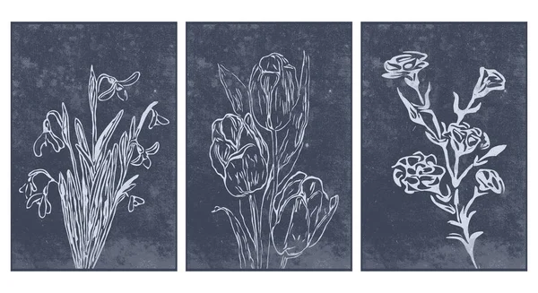 Sada Botanické Zdi Umění Čárové Umění Rostlin Kresba Abstraktním Tvarem — Stockový vektor