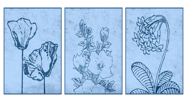 Uppsättning Botanisk Väggkonst Linjekonst Växter Teckning Med Abstrakt Form Mönster — Stock vektor
