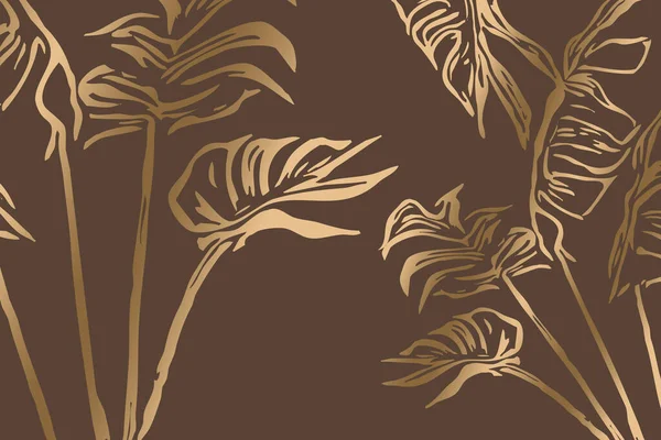 Altın Elementlerle Dolu Lüks Botanik Geçmişi Soyut Şekilli Çizgi Çizimi — Stok fotoğraf