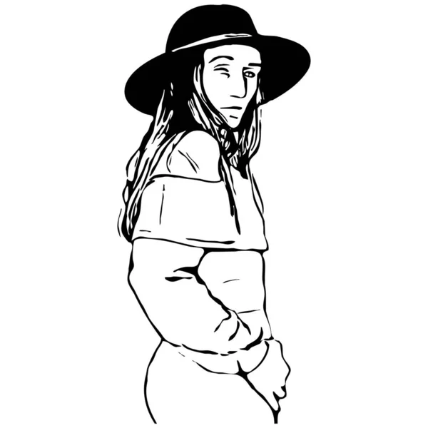 Beyaz Arka Planda Şapkalı Güzel Bir Kadının Portresi Vektör Çizimi — Stok Vektör