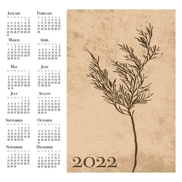 2022年の植物カレンダー 印刷可能な壁のカレンダー 週は月曜日に始まります — ストック写真