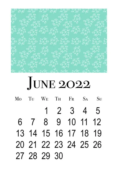 Κάρτα Ημερολογίου Ιουνίου 2022 Εκτυπώσιμη Κάθετη Ημερολόγιο Τοίχου Εβδομάδα Ξεκινά — Φωτογραφία Αρχείου