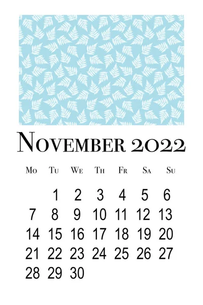 2022年11月のカレンダーカード 印刷可能な垂直壁のカレンダー 週は月曜日に始まります — ストック写真