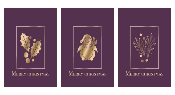 Набір Різдвяних Вітальних Листівок Мінімалістичний Малюнок Друку Золоті Літери — стоковий вектор
