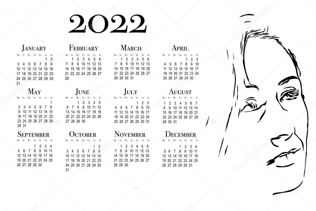 Calendar for 2022. Week starts on Monday. Women's graphics