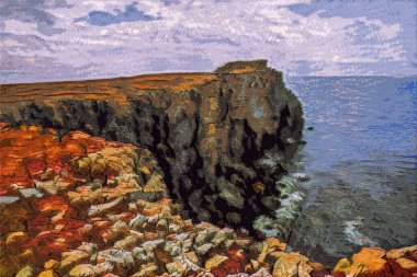 Tenby Wales İngiltere - yağlı boya tablo. Deniz manzarası var. Kartpostal için tasarım, buzdolabı mıknatısı. Duvar boyası için yazdırılabilir kart.