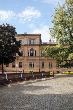 Lublin, Polonya - 19 Haziran 2019 Lublin şehir meydanı ve fıskiyeli şehir merkezi manzarası