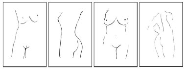 4 Minimalist çizimin koleksiyonu. Kapak tasarımı, modern duvar dekorasyonu. Kadın grafikleri