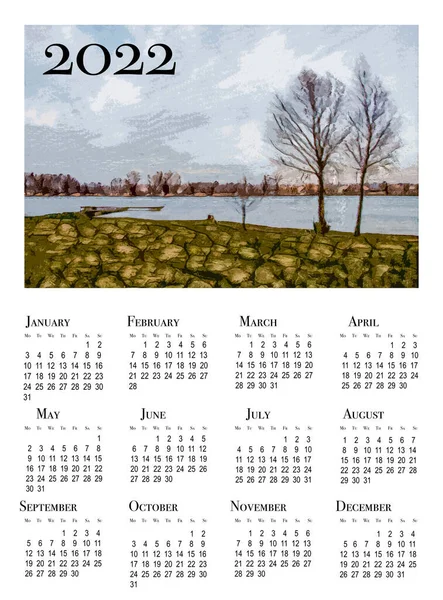 Kalendářní Karta Rok2022 Krásná Krajina Jezeře Cestovní Ilustrace — Stock fotografie