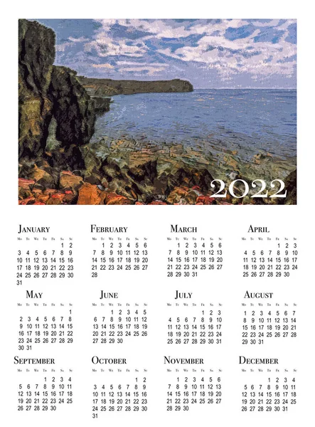 Kalenderkaart Voor 2022 Prachtig Kustlandschap Met Bergen Achtergrond Uitzicht Kliffen — Stockfoto