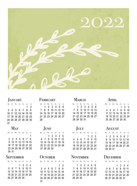 Kalenderkarte Für 2022 Wandkalender Zum Ausdrucken Woche Beginnt Montag — Stockfoto