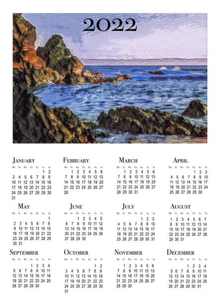 Kalenderkaart Voor 2022 Week Begint Maandag Prachtig Landschap Aan Zee — Stockfoto