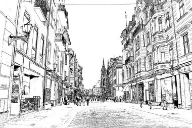 Torun Polonya. Siyah ve beyaz seyahat illüstrasyonu. Şehrin mimarisi..