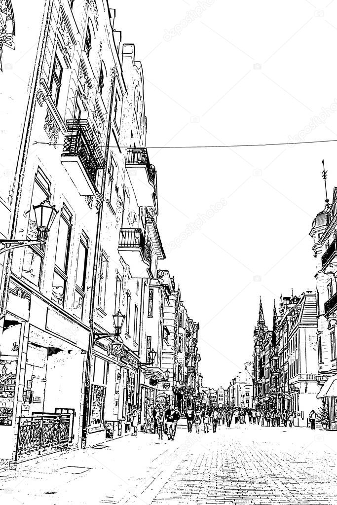 Torun Poland. Black and white travel illustration. Architecture of the city.