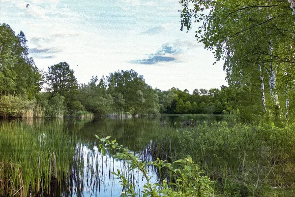 Pintura Acuarela Sobre Lienzo Ilustración Del Paisaje Bydgoszcz Polonia —  Fotos de Stock