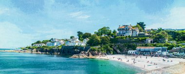 Tuval üzerinde suluboya boya resim. Brixham Devon, İngiltere, Avrupa. Güzel deniz manzarası. Güneşli bir günde deniz manzarası.
