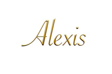 Alexis, kadın ismi. Beyaz arka planda altın 3D simge. Dekoratif yazı tipi. Şablon, imza logosu.