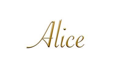 Alice, kadın ismi. Beyaz arka planda altın 3D simge. Dekoratif yazı tipi. Şablon, imza logosu.