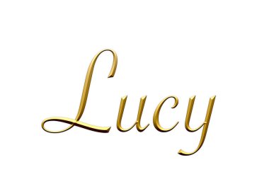 Lucy, kadın ismi. Beyaz arka planda altın 3D simge. Dekoratif yazı tipi. Şablon, imza logosu.