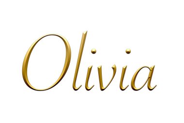 Olivia, kadın ismi. Beyaz arka planda altın 3D simge. Dekoratif yazı tipi. Şablon, imza logosu.