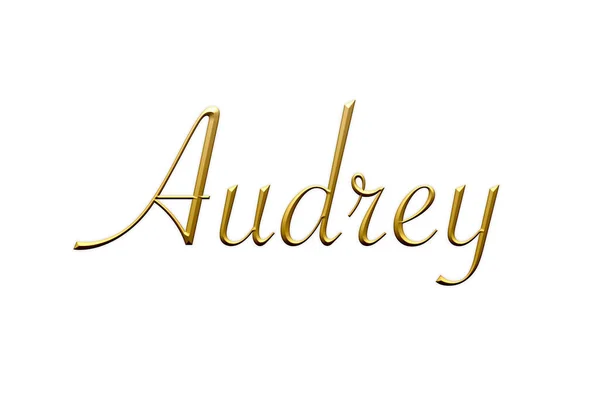 Audrey Female Name Gold Icon White Background Decorative Font Template — Stock Photo, Image