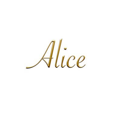 Alice, kadın ismi. Beyaz arka planda altın 3D simge. Dekoratif yazı tipi. Şablon, imza logosu.