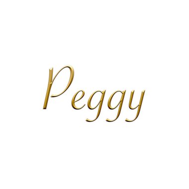 Peggy, kadın ismi. Beyaz arka planda altın 3D simge. Dekoratif yazı tipi. Şablon, imza logosu.