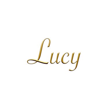 Lucy, kadın ismi. Beyaz arka planda altın 3D simge. Dekoratif yazı tipi. Şablon, imza logosu.