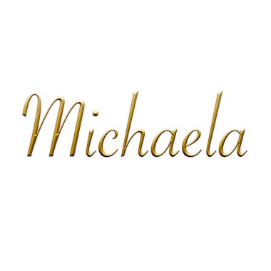 Michaela... Kadın ismi. Beyaz arka planda altın 3D simge. Dekoratif yazı tipi. Şablon, imza logosu.