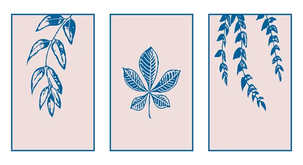 Set Obras Arte Pared Botánica Línea Arte Las Plantas Dibujo — Vector de stock