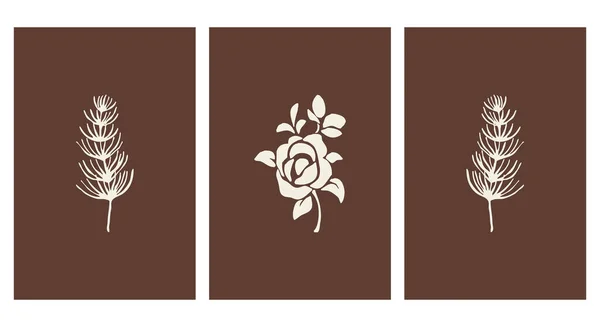Набір Трьох Ілюстрацій Друку Мінімалістичний Візерунок Рослини Квіти Настінне Мистецтво — стоковий вектор