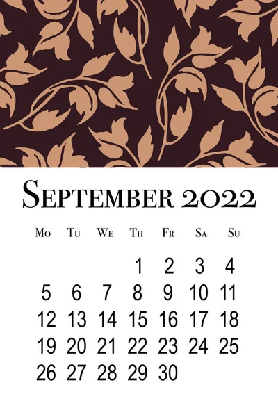Kalendář Září2022 Tisknutelný Kalendář Svislé Stěny Týden Začíná Pondělí — Stock fotografie