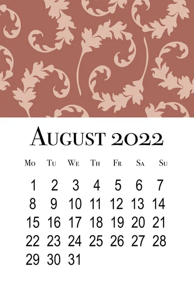 Cartão Calendário Para Agosto 2022 Calendário Parede Vertical Imprimível Semana — Fotografia de Stock