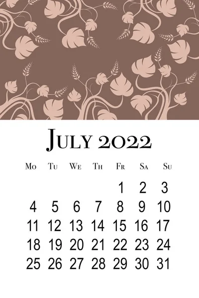 Kalenderkaart Voor Juli 2022 Afdrukbare Verticale Wandkalender Week Begint Maandag — Stockfoto