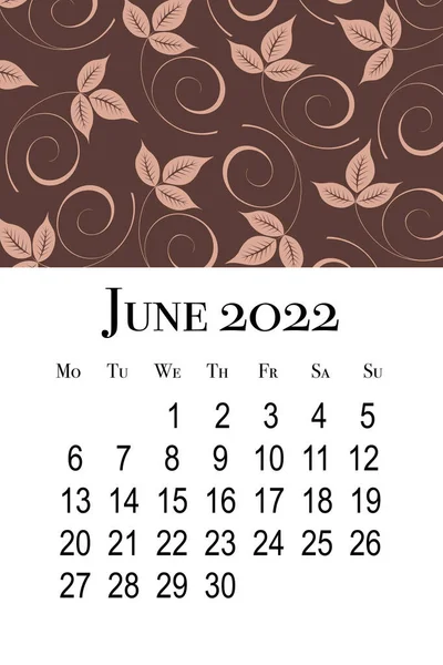 Kalenderkaart Voor Juni 2022 Afdrukbare Verticale Wandkalender Week Begint Maandag — Stockfoto