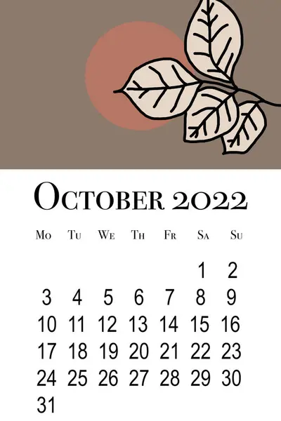 Calendar Card October 2022 Printable Vertical Wall Calendar Week Starts — Stock Photo, Image
