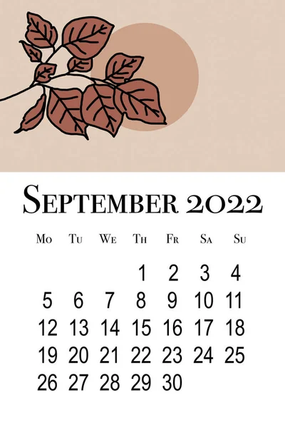 Kalenderkaart Voor September 2022 Afdrukbare Verticale Wandkalender Week Begint Maandag — Stockfoto