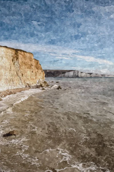 Seven Sisters East Sussex Inghilterra Pittura Acquerello Paesaggio Riva Mare — Foto Stock