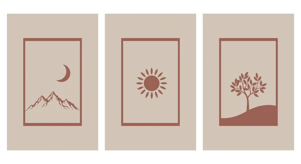 Set Mit Druckbaren Illustrationen Minimalistische Muster Berge Blätter Baum Sonnenuntergang — Stockvektor
