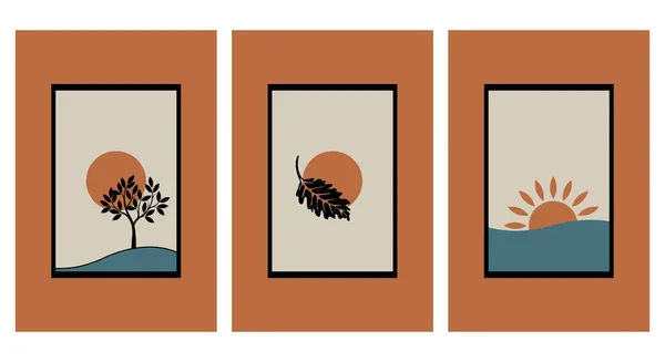 Conjunto Ilustrações Imprimíveis Padrão Minimalista Montanhas Folhas Árvore Pôr Sol — Vetor de Stock