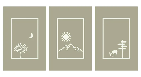 Set Mit Druckbaren Illustrationen Minimalistische Muster Berge Blätter Baum Sonnenuntergang — Stockvektor