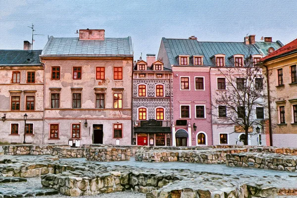 Ilustração Viagem Pintura Aquarela Sobre Tela Arquitetura Cidade Lublin Polônia — Fotografia de Stock