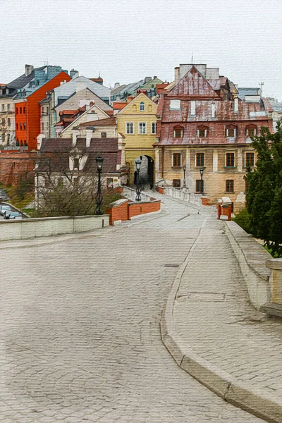 Ilustración Viajes Pintura Acuarela Sobre Lienzo Arquitectura Ciudad Lublin Polonia — Foto de Stock