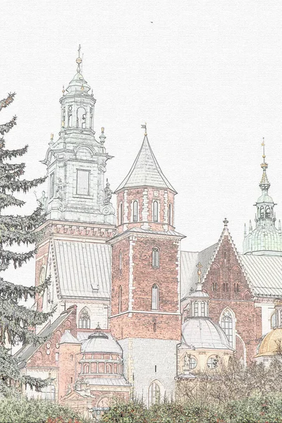 Travel Illustration Pencil Scetch Canvas Architecture City Krakow Poland — Stock Photo, Image