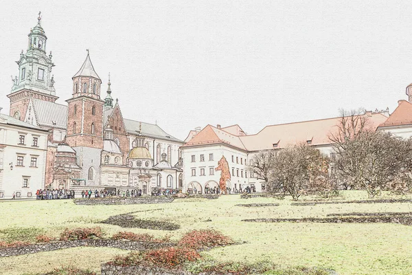Cestovní Ilustrace Skica Tužky Plátno Architektura Města Krakov Polsko — Stock fotografie