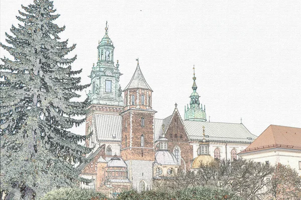 Illustration Voyage Croquis Crayon Sur Toile Architecture Ville Cracovie Pologne — Photo