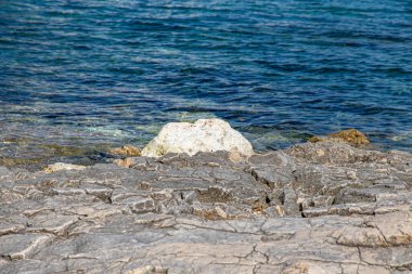 Adriyatik Denizi 'nin güzel manzarası. Güneşli bir nisan gününde mavi su. Istria Yarımadası Hırvatistan