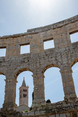 Walls of the ancient Roman Amphitheater in Pula, Croatia. April 30, 2022